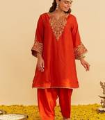Orange embroidered silk kurta set With Dupatta