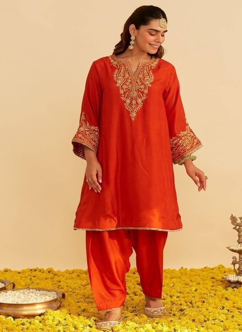 Orange embroidered silk kurta set With Dupatta