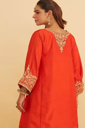 Orange embroidered silk kurta set With Dupatta