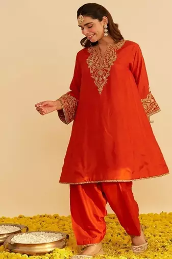 Orange embroidered silk kurta set With Dupatta