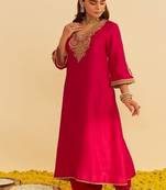 Hot pink embroidered silk kurta set With Dupatta