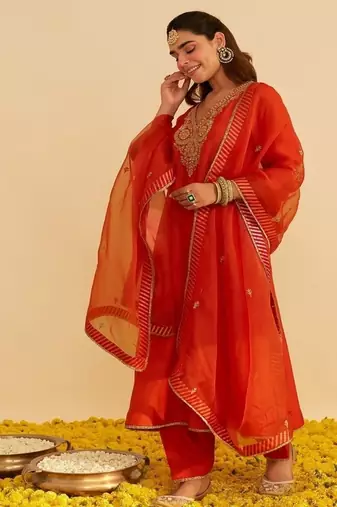 Orange embroidered silk kurta set With Dupatta