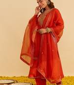 Orange embroidered silk kurta set With Dupatta