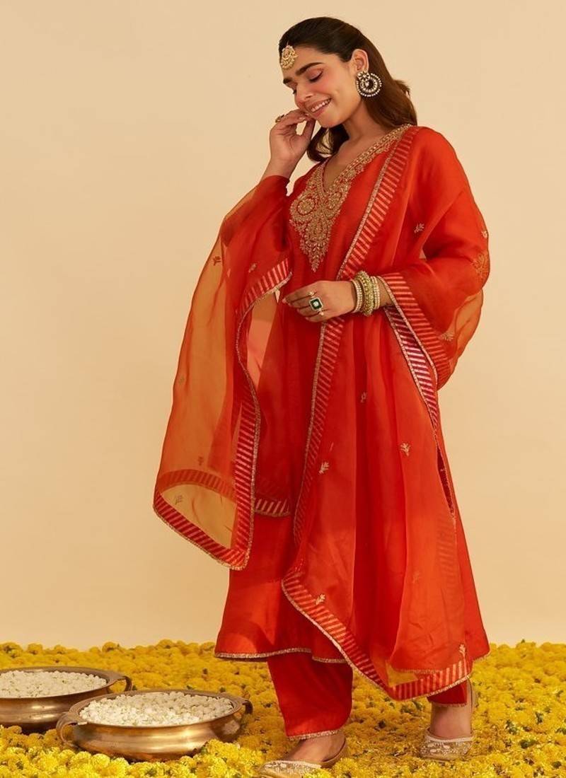 Orange embroidered silk kurta set With Dupatta