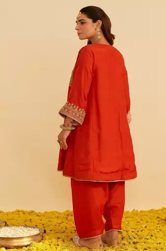 Orange embroidered silk kurta set With Dupatta