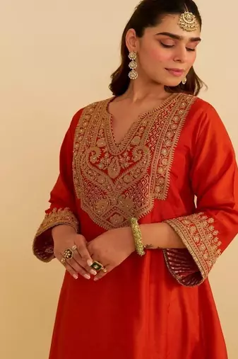 Orange embroidered silk kurta set With Dupatta
