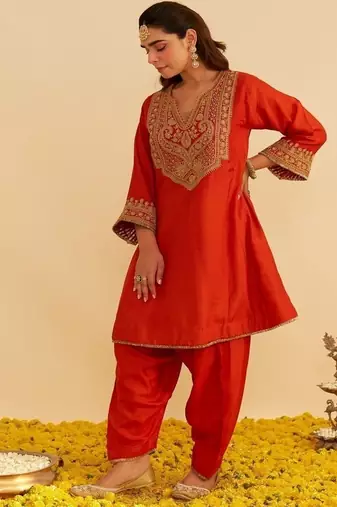 Orange embroidered silk kurta set With Dupatta