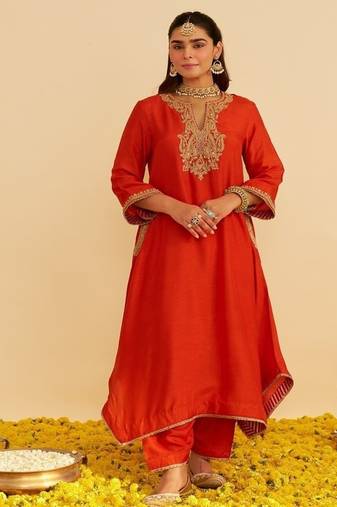 Orange embroidered silk kurta set With Dupatta