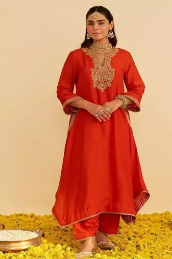 Orange embroidered silk kurta set With Dupatta