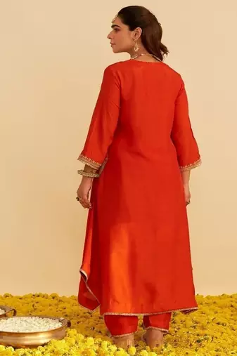 Orange embroidered silk kurta set With Dupatta
