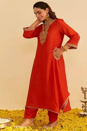 Orange embroidered silk kurta set With Dupatta