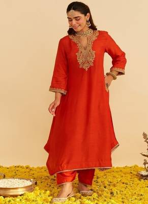 Orange embroidered silk kurta set With Dupatta 4