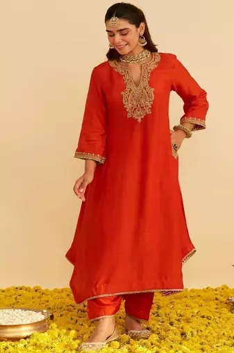 Orange embroidered silk kurta set With Dupatta
