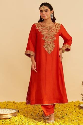Orange embroidered silk kurta set With Dupatta