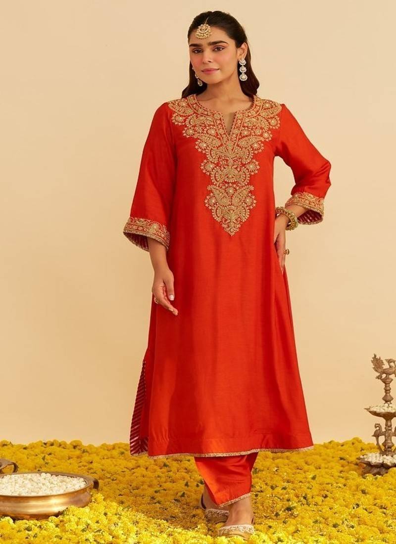 Orange embroidered silk kurta set With Dupatta