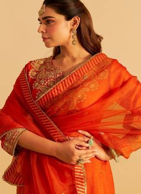 Orange embroidered silk kurta set With Dupatta 4