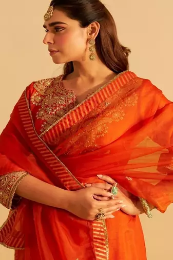 Orange embroidered silk kurta set With Dupatta