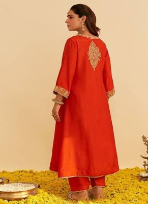 Orange embroidered silk kurta set With Dupatta 5