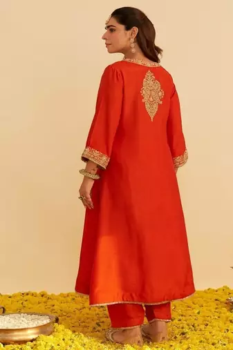 Orange embroidered silk kurta set With Dupatta