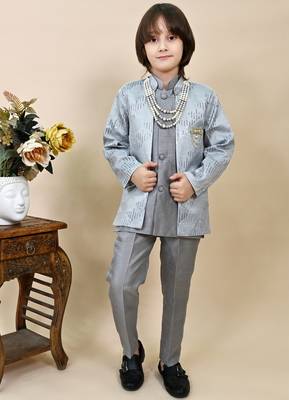Boys grey silk sequined embroidered wavy motifs sherwani set 1