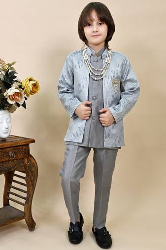 Boys grey silk sequined embroidered wavy motifs sherwani set