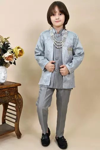 Boys grey silk sequined embroidered wavy motifs sherwani set