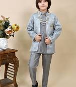Boys grey silk sequined embroidered wavy motifs sherwani set
