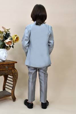 Boys grey silk sequined embroidered wavy motifs sherwani set 2