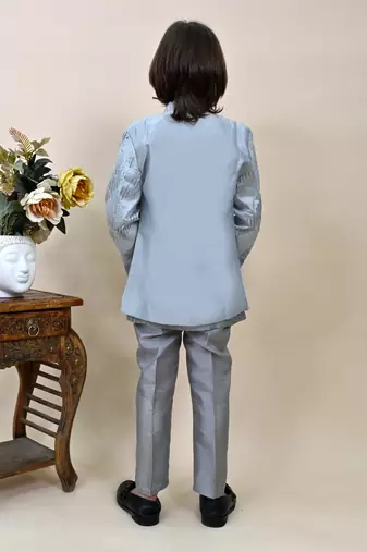 Boys grey silk sequined embroidered wavy motifs sherwani set