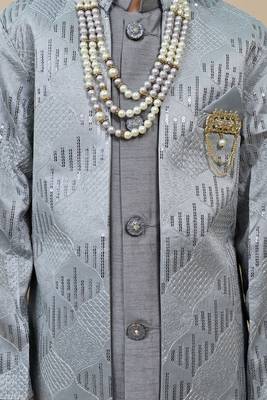 Boys grey silk sequined embroidered wavy motifs sherwani set 3