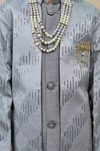 Boys grey silk sequined embroidered wavy motifs sherwani set