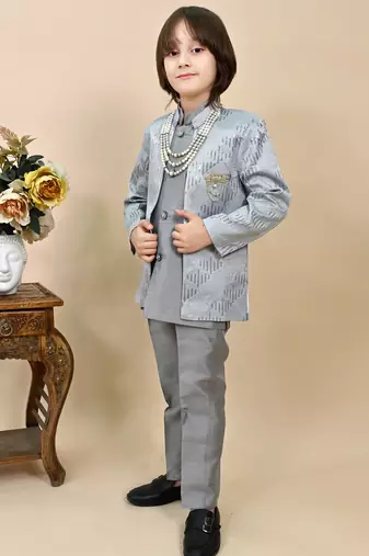 Boys grey silk sequined embroidered wavy motifs sherwani set
