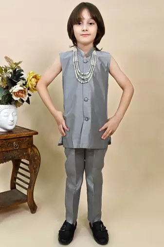 Boys grey silk sequined embroidered wavy motifs sherwani set