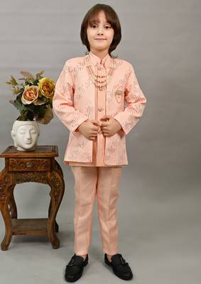 Boys peach silk sequined embroidered wavy motifs sherwani set 1