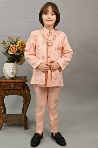 Boys peach silk sequined embroidered wavy motifs sherwani set