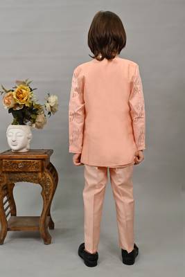 Boys peach silk sequined embroidered wavy motifs sherwani set 2