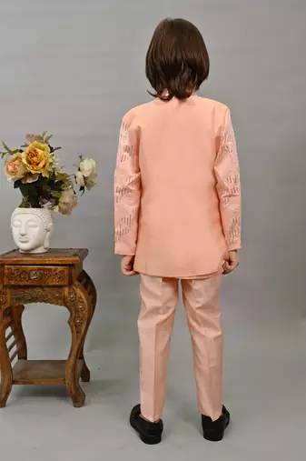 Boys peach silk sequined embroidered wavy motifs sherwani set