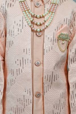 Boys peach silk sequined embroidered wavy motifs sherwani set 3