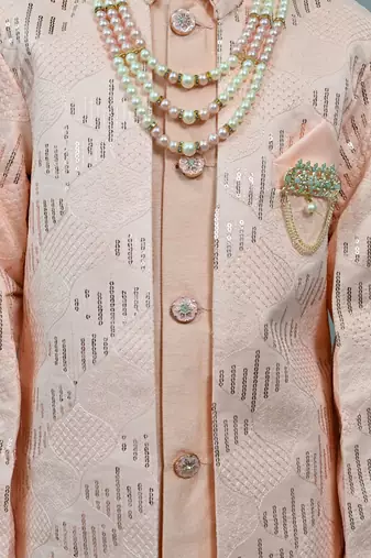 Boys peach silk sequined embroidered wavy motifs sherwani set