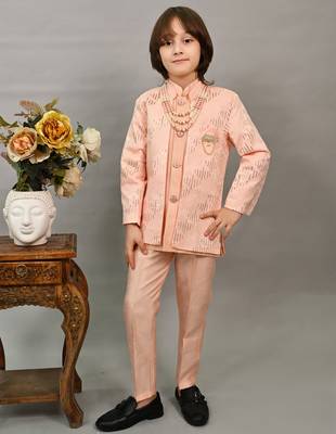 Boys peach silk sequined embroidered wavy motifs sherwani set 4