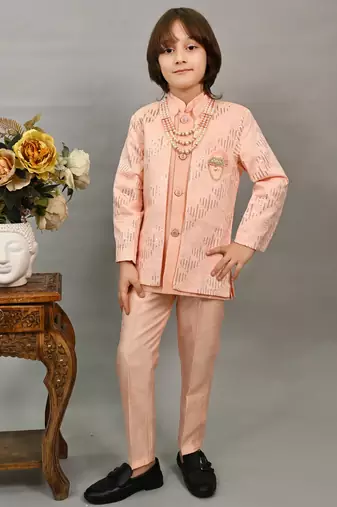 Boys peach silk sequined embroidered wavy motifs sherwani set