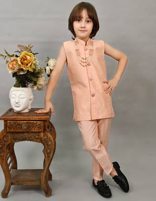 Boys peach silk sequined embroidered wavy motifs sherwani set 5