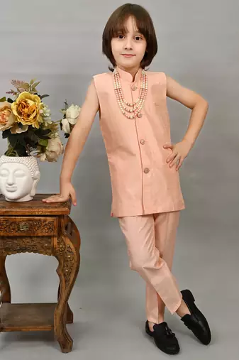 Boys peach silk sequined embroidered wavy motifs sherwani set