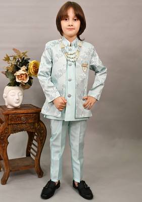 Boys sky blue silk sequined embroidered wavy motifs sherwani set 1
