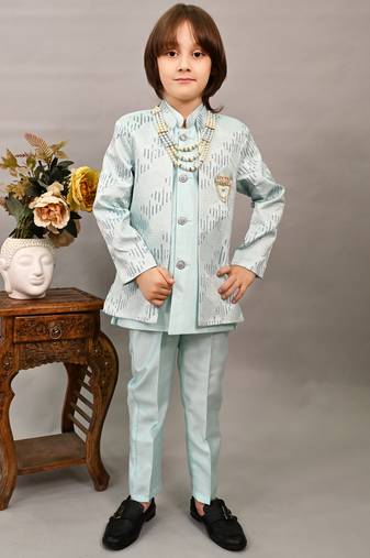 Boys sky blue silk sequined embroidered wavy motifs sherwani set
