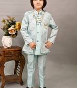 Boys sky blue silk sequined embroidered wavy motifs sherwani set