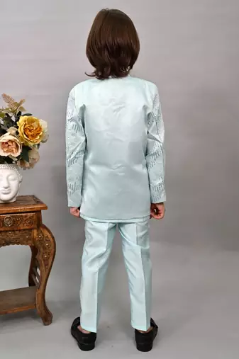 Boys sky blue silk sequined embroidered wavy motifs sherwani set