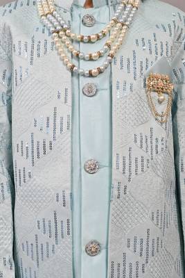 Boys sky blue silk sequined embroidered wavy motifs sherwani set 3