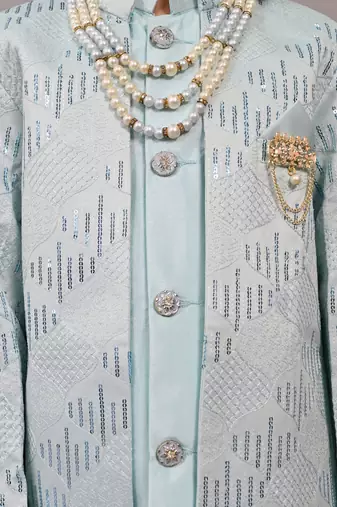 Boys sky blue silk sequined embroidered wavy motifs sherwani set