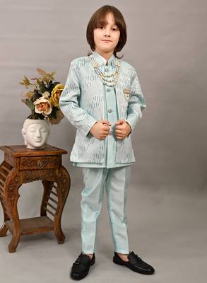 Boys sky blue silk sequined embroidered wavy motifs sherwani set 4